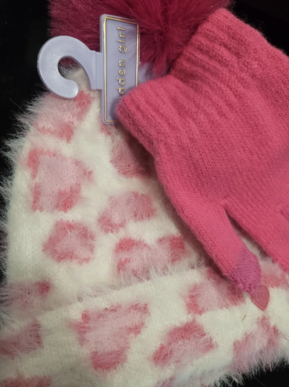 MADDEN GIRL NWT Bright Pink Faux-Fur Beanie & Knit Gloves Set